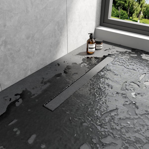 EMKE Duschrinne Edelstahl 2-in-1 Komplettse, 700mm, Befliesbar, Extra Flach, Schwarz mit Haarsieb und Siphon - Standardgröße Adapter 40/50mm, Einbauhöhe 77-96mm, Wasserdurchfluss 30L/Min.