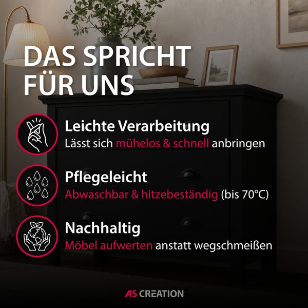 Infografik zur Möbelfolie: leichte Verarbeitung, pflegeleicht, abwaschbar, hitzebeständig bis 70 Grad und nachhaltig. AS Creation Logo.