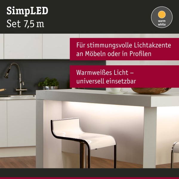 SimpLED Set 7.5 Meter für stimmungsvolle Lichtakzente an Möbeln oder in Profilen mit warmweißem Licht