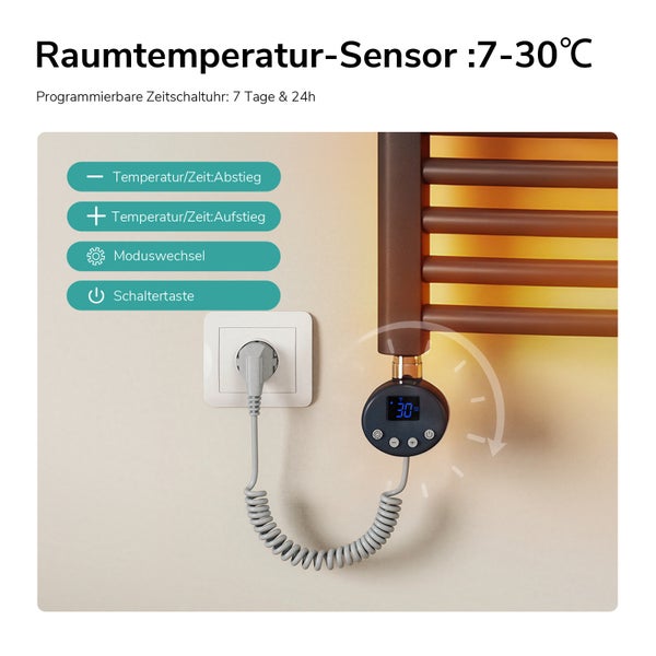 Elektronisches Thermostat für Heizkörper mit digitalem Display zur Temperaturregelung von 7 bis 30 Grad Celsius und programmierbarer Zeitschaltuhr