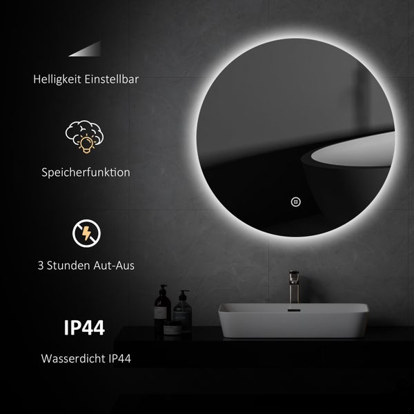 EMKE Badspiegel mit Beleuchtung, LED-Spiegel mit Touchschalter, rund, ф50cm, Kaltweiß