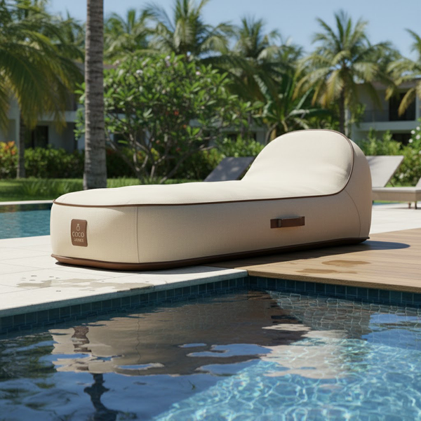 Moderne Gartenliege in Sitzsack-Optik am Poolrand, helles Textilmaterial mit dunkler Paspelierung, Coco Logo und praktischem Tragegriff.