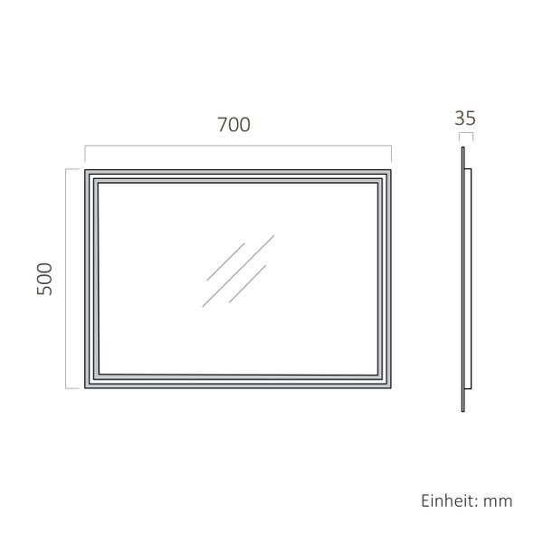 Technische Zeichnung eines rechteckigen Wandspiegels mit den Abmessungen 700 mal 500 mal 35 Millimeter.