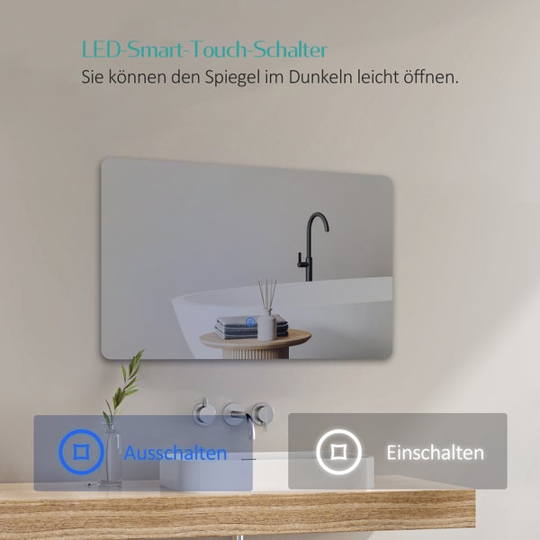 EMKE LED Badspiegel 100x60 cm, Touchschalter, 3 Lichtfarben einstellbar, Helligkeit dimmbar, IP44, rostfreier Spiegel, horizontal/vertikal montierbar, für Bad