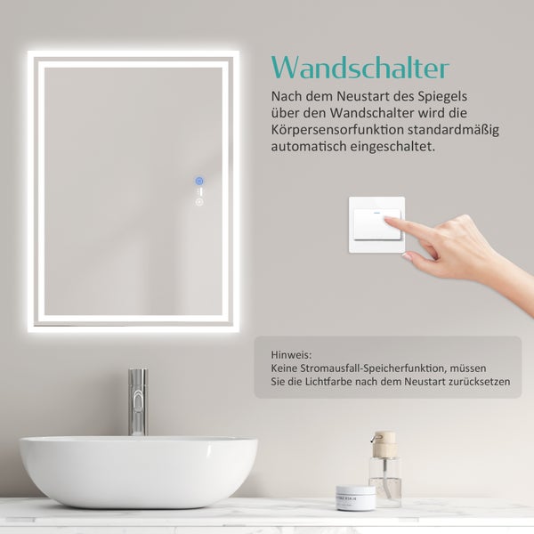 EMKE Badspiegel mit Beleuchtung 70 x 50 cm, Touch- & Sensorschalter, Anti-Beschlag, dimmbar, Warmweiß/Neutralweiß/Kaltweiß, 51 W, Aluminiumrahmen Weiß, flexibel montierbar, für Badezimmer