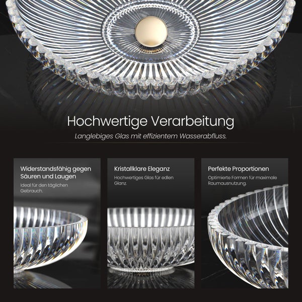 EMKE Aufsatzwaschbecken Tempered Lead Crystal Glass, 51 x 35 cm, Transparent, Badezimmer Waschbecken mit Elektroplattiertem Design, Ohne Hahnloch, Für Badezimmer und WC, Höhe 15 cm