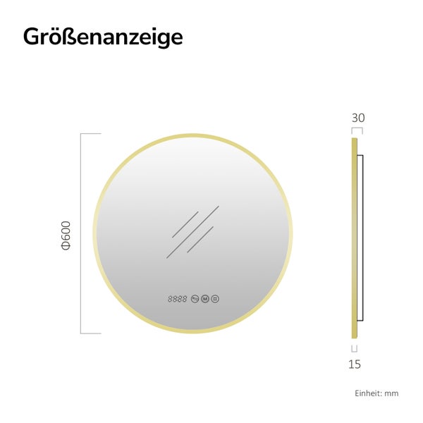 Maßzeichnung eines runden Badezimmerspiegels mit LED Beleuchtung und Touch Steuerung, Durchmesser 600 Millimeter, Tiefe 30 Millimeter.