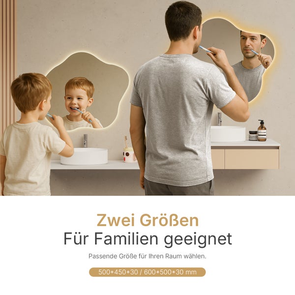 EMKE LED Badspiegel 50 x 60 cm, asymmetrisches Design, Hintergrundbeleuchtung, 3 Farbtemperaturen, dimmbar, Anti-Beschlag, rostfreier Spiegel, flexibel montierbar, IP44, für Badezimmer & Schlafzimmer geeignet