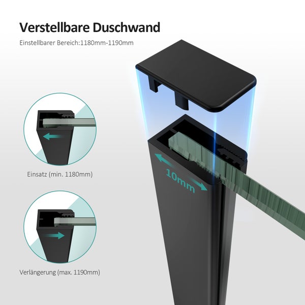 Walk-in-Dusche EMKE Eckdusche Duschabtrennung 140cm Breit 195 cm Höhe, Walk In Duschen, Duschtür mit Seitenwand, 8mm ESG-Sicherheitsglas mit Nano Beschichtung, Schwarz