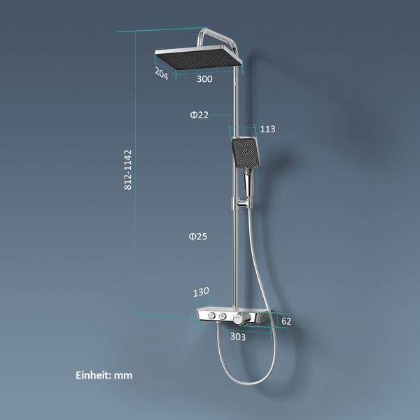EMKE Duschsystem mit Thermostat, Wasserfall-Überkopfbrause, Handbrause mit 3 Strahlarten, Glasablage, 38 °C Wohlfühltemperatur, KTW-zertifiziert, 1142 x 303 x 460 mm, Chrom