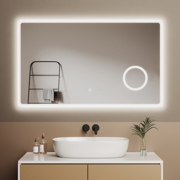 EMKE Badspiegel mit Beleuchtung 100 x 60 cm, Kaltweiß, Touch-Schalter, dimmbare Helligkeit, 3x Vergrößerung, rostfreier Spiegel, IP44, für Bad