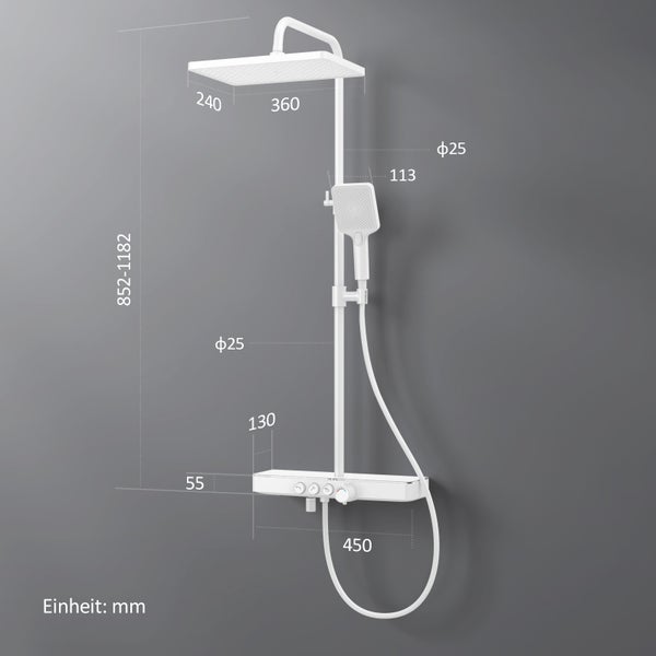 EMKE Duschsystem mit Thermostat, 3 Strahlarten, Überkopfbrause & Handbrause, Verbrühungsschutz, Wandmontage, 114,6 x 45 x 48 cm, mattweiß