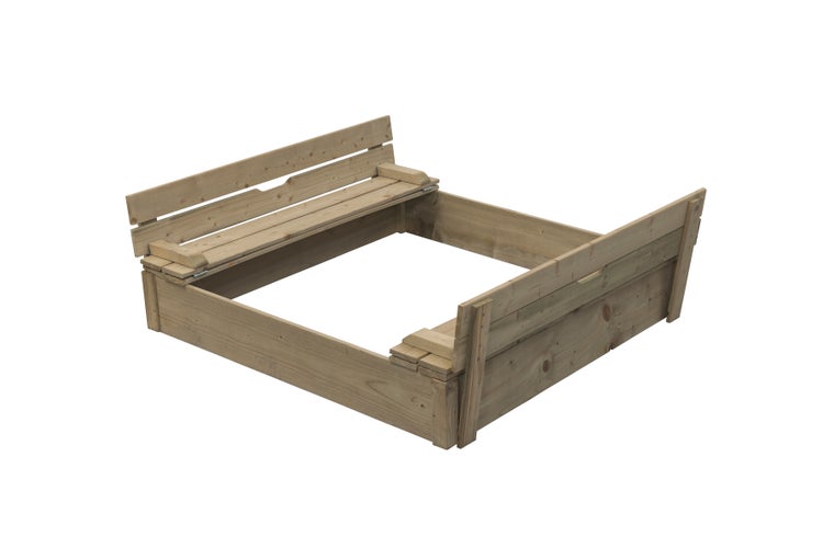 Holzsandkasten mit integrierter Sitzbank für Kinder.