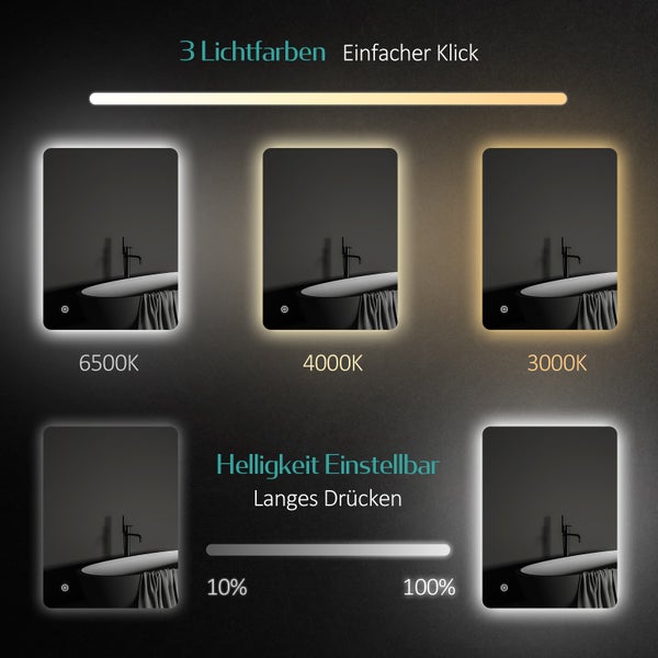 Einstellmöglichkeiten eines Spiegels mit drei Lichtfarben und einstellbarer Helligkeit