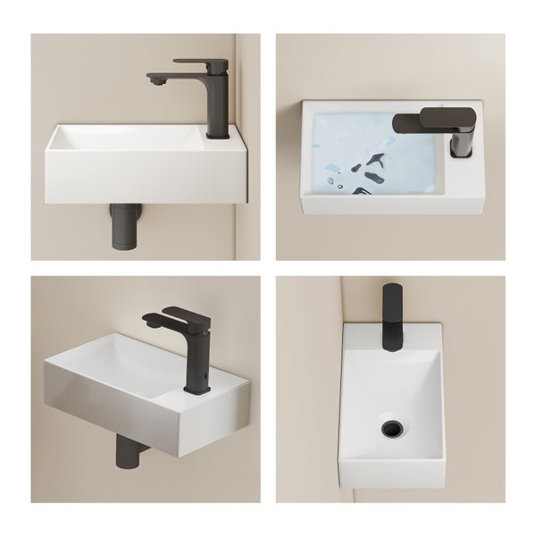 Mehrere Ansichten eines rechteckigen Waschbeckens mit schwarzer Armatur