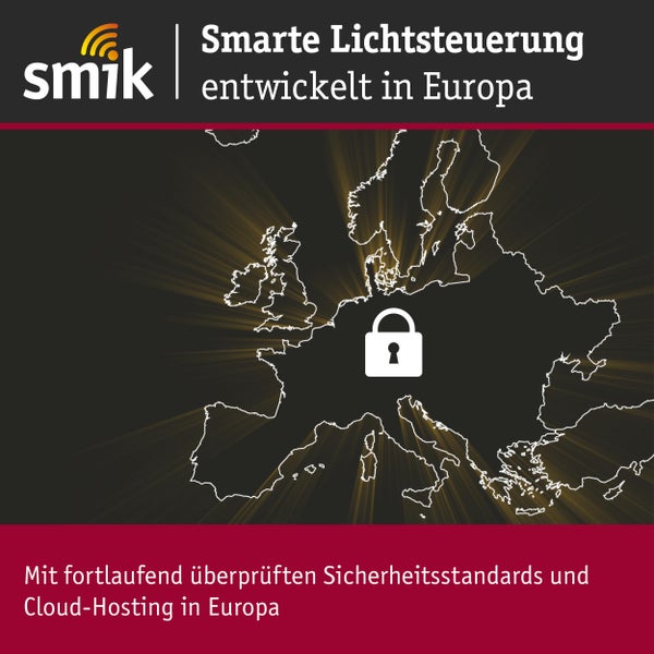 Smarte Lichtsteuerung entwickelt in Europa mit Sicherheitsstandards und Cloud Hosting. Smik Logo.