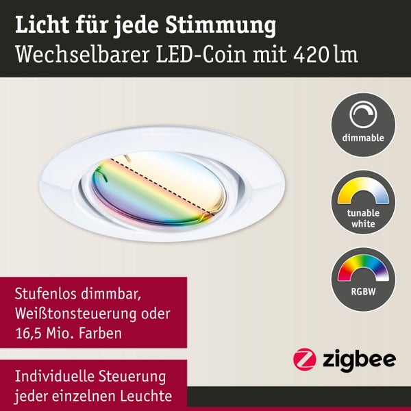 LED Einbauleuchte Smart Home Zigbee 3.0 Base Coin Basisset schwenkbar rund 90mm 20° Coin 3x4,9W 3x420lm 230V dimmbar RGBW+ Weiß