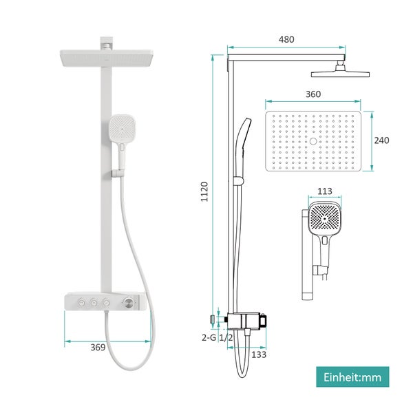 Technische Zeichnung eines Duschpaneels mit Maßangaben