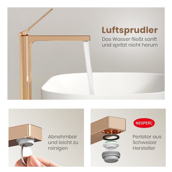 Detailansicht einer Armatur mit Luftsprudler und dem Logo von Neoperl, die einen sanften Wasserfluss ohne Spritzen ermöglicht und eine einfache Reinigung des abnehmbaren Perlators vom Schweizer Hersteller zeigt.