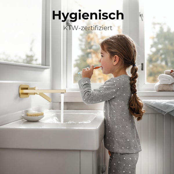 EMKE Waschtischarmatur Unterputz, Wasserhahn Bad Unterputz, 2-Loch Armatur aus Kupfer, Einhebelmischer zur Wandmontage, 288×210×70 mm, Champagne Gold, für Badezimmer Waschbecken