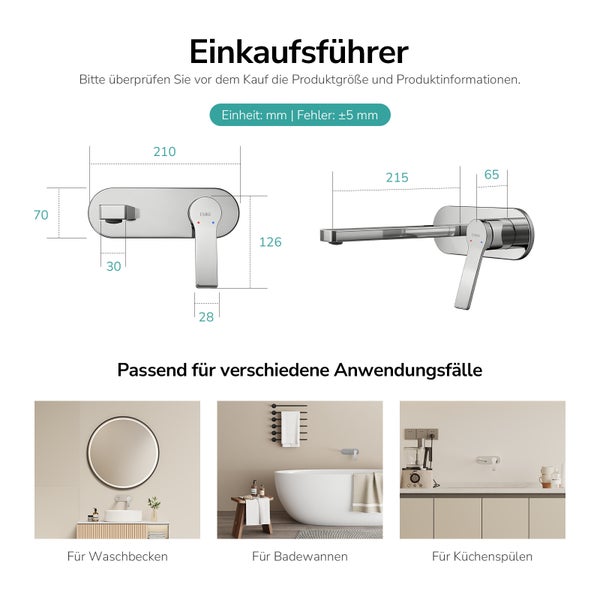 Produktinformationen und Maßangaben für eine Armatur.