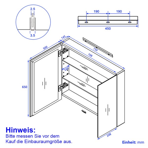 EMKE Spiegelschrank, 2-Türig,  75x65 cm, Badschrank mit doppelseitigen Spiegeltüren, weiß