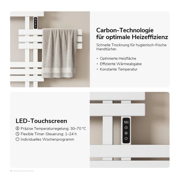Elektrischer Handtuchheizkörper mit Carbon Technologie, LED Touchscreen, Temperaturregelung und Timer für effiziente Wärmeverteilung im Badezimmer.