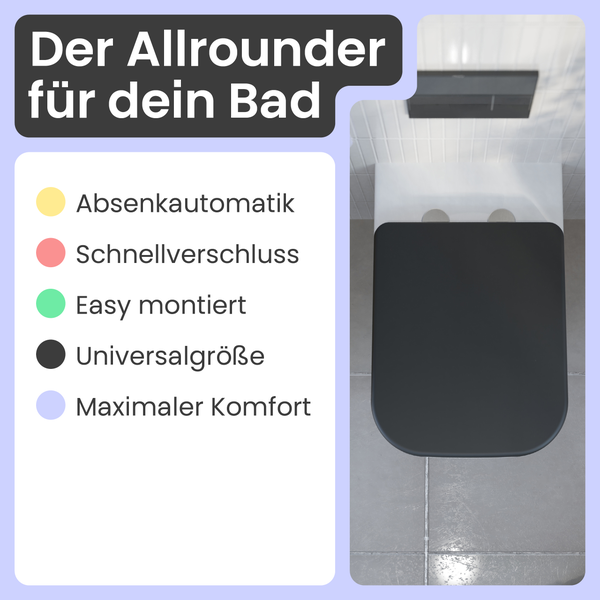 WC-Sitz in dunkler Farbe mit Absenkautomatik, Schnellverschluss, einfacher Montage und Universalgröße für das Badezimmer.