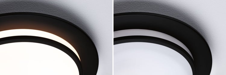 Nahaufnahme einer schwarzen LED Deckenleuchte in zwei Zuständen: eingeschaltet und ausgeschaltet.