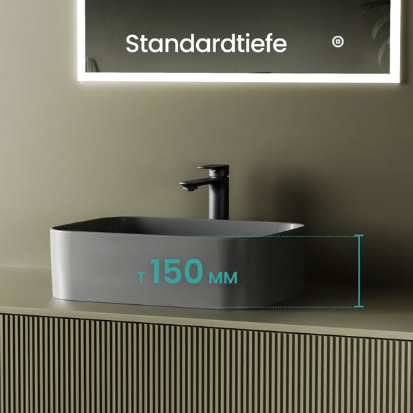 Aufsatzwaschbecken mit einer Tiefe von 150 Millimeter und Waschtischarmatur.