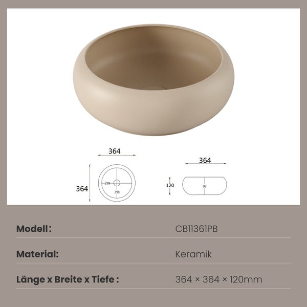 EMKE Aufsatzwaschbecken Ø36 cm, Keramik, Beige matt, Rund, Design Waschbecken für Bad & Gäste-WC, Pflegeleicht, Feuchtigkeitsbeständig, Höhe 12 cm