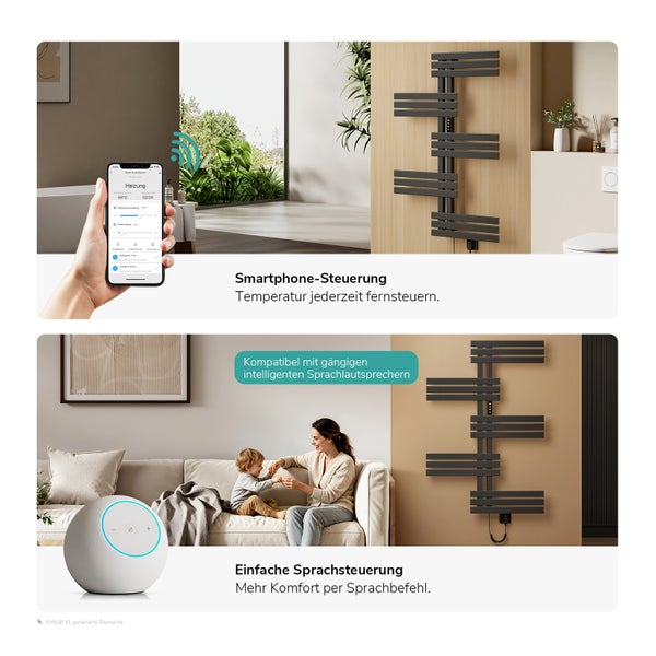 Smart Handtuchheizkörper mit App-Steuerung und Sprachbedienung für ein komfortables Badezimmer.