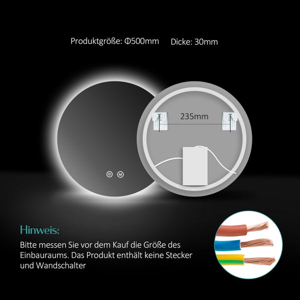Runder Spiegel mit Beleuchtung, Durchmesser 500 Millimeter, Dicke 30 Millimeter, Abstand der Halterungen 235 Millimeter