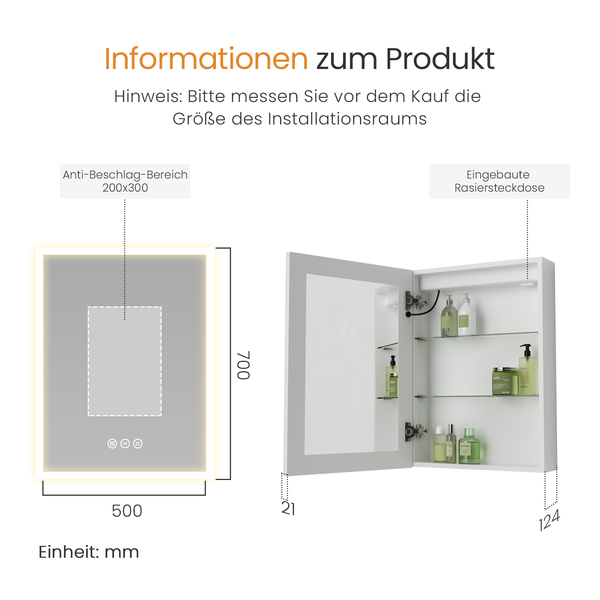 EMKE Badspiegelschrank mit LED Beleuchtung, Spiegelschrank mit Steckdose, 3 dimmbare Lichtfarben, Beschlagfrei, Weiß, 50 x 70 cm