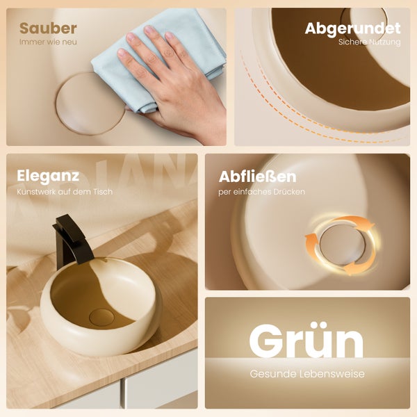 EMKE Aufsatzwaschbecken Ø36 cm, Keramik, Beige matt, Rund, Design Waschbecken für Bad & Gäste-WC, Pflegeleicht, Feuchtigkeitsbeständig, Höhe 12 cm