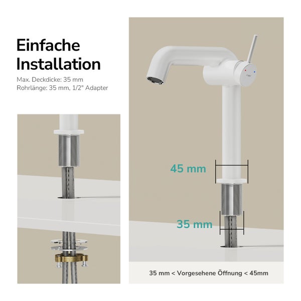 Abbildung der einfachen Installation einer Armatur mit den Maßen 35 Millimeter und 45 Millimeter
