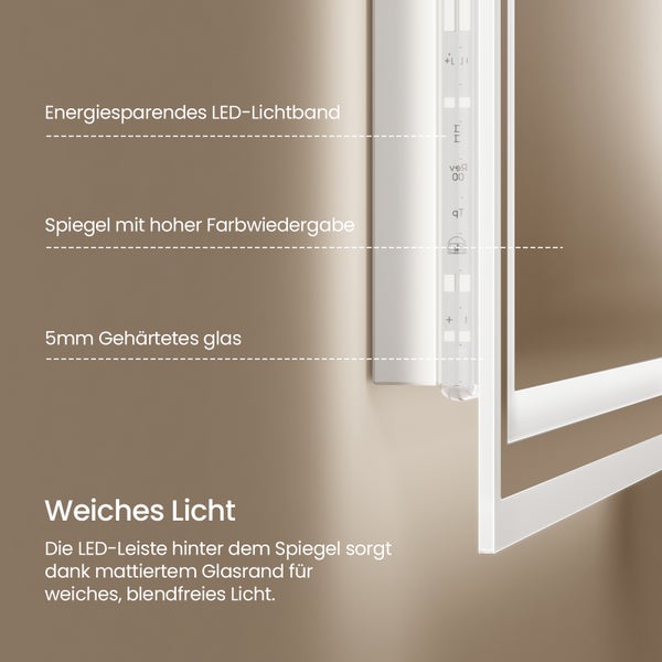 EMKE Badspiegel mit Beleuchtung 80 x 60 cm, Touch- & Sensorschalter, Anti-Beschlag, dimmbar, Warmweiß/Neutralweiß/Kaltweiß, 51 W, Aluminiumrahmen Weiß, flexibel montierbar, für Badezimmer