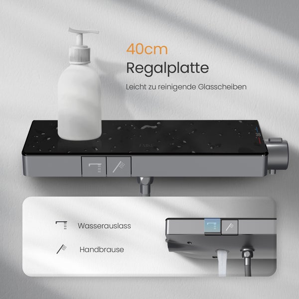 EMKE Duschsystem 601x395x135 mm mit Handbrause, Ablagearmatur, Höhenverstellung und 3 Strahlarten, mit Neoperl-Perlator & integriertem Filter, für Badezimmer, Matt Anthrazit