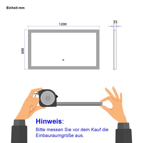 EMKE Badspiegel mit Beleuchtung 120×60 cm, Kaltweiß, Touchschalter & dimmbar, 4 mm rostfreier Spiegel, IP44, horizontal & vertikal montierbar, für Badezimmer