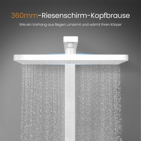 EMKE Duschsystem Duschsystem mit Thermostat Duschset mit 40cm Thermostatische Platte, 4 Strahlart(en), Brausestange, Handbrause, Regendusche, Wasserauslass,Weiß