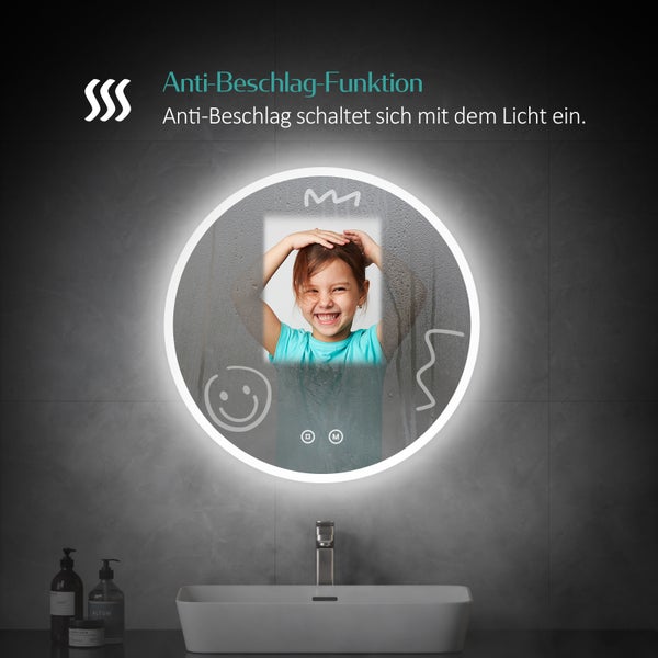Runder Badspiegel mit LED-Beleuchtung, Anti-Beschlag-Funktion und Kinderspielbildern im Badezimmer