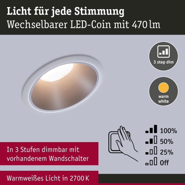 LED Einbauleuchte 3-Step-Dim Cole Coin 3er-Set IP44 rund 88mm Coin 3x6W 3x470lm 230V dimmbar 2700K Weiß, Silber matt