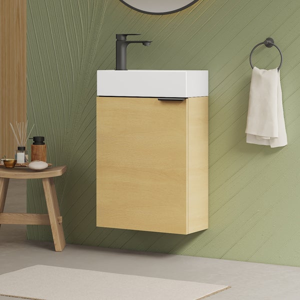 EMKE Waschtisch-Set 41,7 × 24 × 64,6 cm (B×T×H), mit Soft-Close-Funktion, Ablageboden, reversibel, Eiche, für Badezimmer
