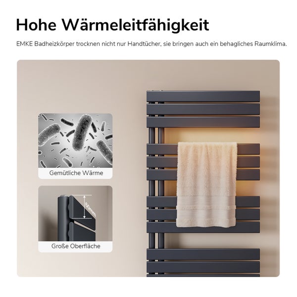 EMKE Badheizkörper mit Handtuch zur Illustration der hohen Wärmeleitfähigkeit und großen Oberfläche