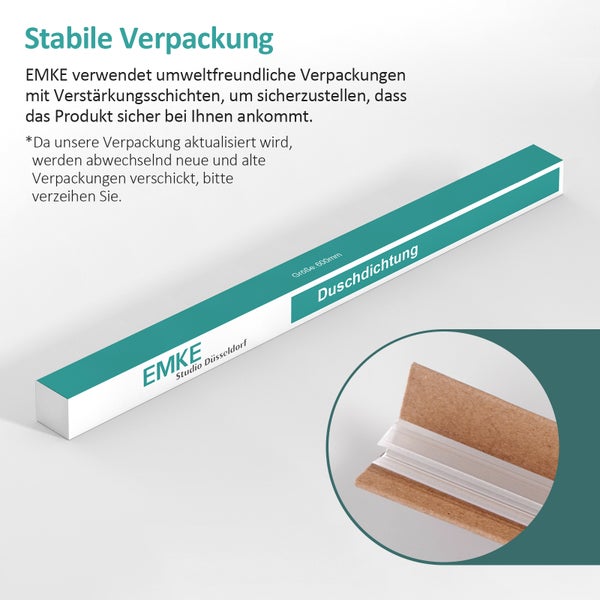 Verpackung einer 600 mm Duschdichtung mit Emke Logo