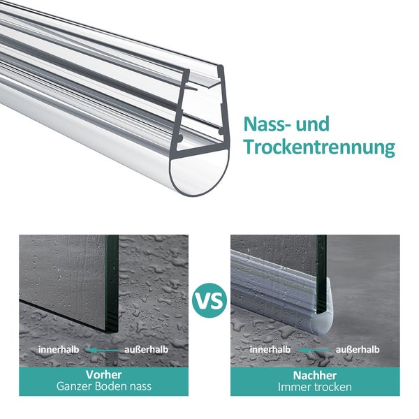Transparente Duschdichtung als Schwallschutzprofil zur Trennung von Nass- und Trockenbereichen im Vorher-Nachher-Vergleich.