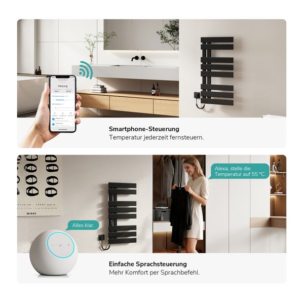 Smarter Handtuchheizkörper gesteuert über eine Smartphone-App und per Sprachsteuerung wie zum Beispiel Alexa im modernen Badezimmer.