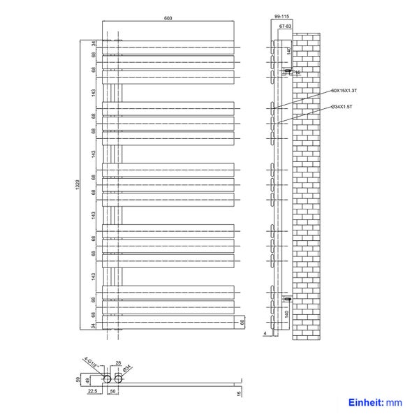 EMKE Badheizkörper Flach 1320x600 mm Anthrazit, Handtuchwärmer für Badezimmer Handtuchtrockner, Panel Handtuchhalter Seitenanschluss für Wasser 798W