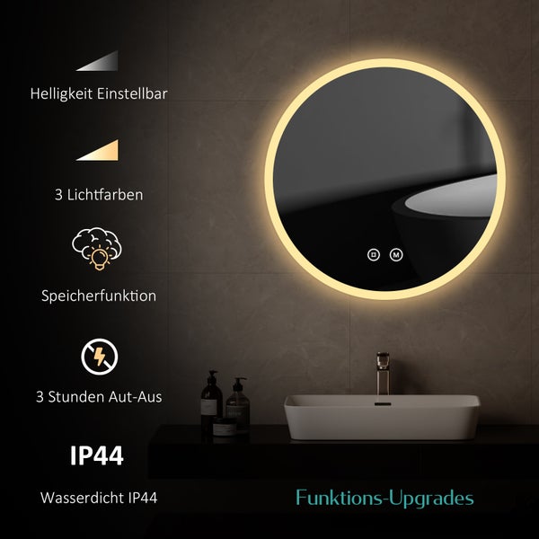 EMKE Badspiegel mit Beleuchtung Ø60 cm, rund, LED Wandspiegel, Touch-Schalter, dimmbar, Anti-Beschlag, 4 mm Glas, Memory, satiniert, rostfrei, für Badezimmer