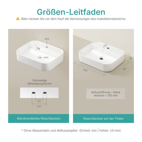 Größeninformationen für ein Waschbecken zur Wandmontage oder für die Montage auf einer Arbeitsplatte mit Maßangaben